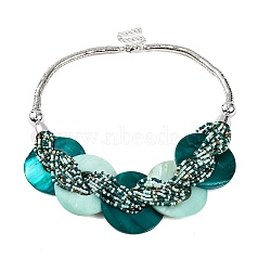 Spray Painted Disc Freshwater Shell & Acrylic Beaed Bib Necklaces, Teal, 19.29 inch(49~50cm), 49.5mm(NJEW-S427-01P-05)