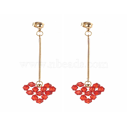 Brass Dangle Stud Earrings, with Transparent Acrylic Beads, Heart, Red, 59mm, Pin: 0.8mm(X1-EJEW-TA00002)