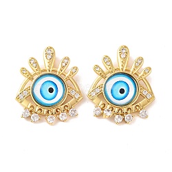 Rack Plating Brass Micro Pave Cubic Zirconia Pendants, with Glass, Long-Lasting Plated,  Evil Eye, Real 18K Gold Plated, Deep Sky Blue, 30x24.5x5.5mm, Hole: 6x3mm(KK-H486-22G-03)