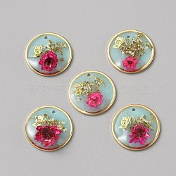 Resin Pendants, Inner Flower Charms, with Light Gold Tone Brass Findings, Flat Round, 20x6~9.5mm, Hole: 1.5mm(RESI-TAC0010-96B)