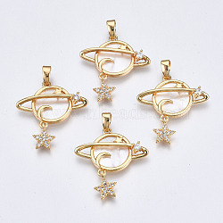 Brass Micro Pave Clear Cubic Zirconia Pendants, with White Sea Shell, Nickel Free, Planet with Star, Real 18K Gold Plated, 24x22x4.5mm, Hole: 2.5x4.5mm, Planet: 16x22x4.5mm, Star: 9x7x1.5mm(X-KK-Q277-015-NF)
