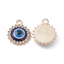 Alloy Crystal Rhinestone Pendants, with Resin Evil Eye, Flat Round Charms, Light Gold, 19x16x4.5mm, Hole: 2.5x2mm(FIND-C019-24KCG)