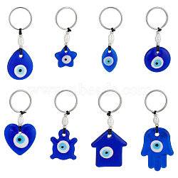 8Pcs 8 Styles Glass Blue Evil Eye Pendant Keychains, with Natural Cultured Freshwater Pearl Bead and 304 Stainless Steel Ring, Mixed Shapes, 65~93mm, Pendant: 35~29~36x5.5~6.5mm, 1pc/style(KEYC-PH0002-05)