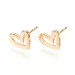 Brass Stud Earrings, Real 18K Gold Plated, with Raw(Unplated) Silver Pins, Heart, 7.5x9mm, Pin: 0.7mm(X-KK-S348-123)