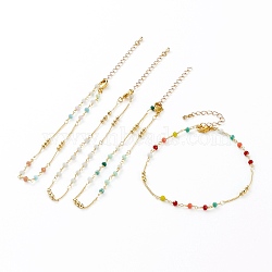 Faceted Glass Beaded Anklets, with Brass Beads and Lobster Claw Clasps, Round, Real 18K Gold Plated, Mixed Color, 9-7/8 inch(25.1cm)(AJEW-AN00379)