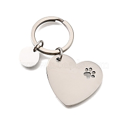 304 Stainless Steel Keychains, Heart with Dog Paw Prints, Stainless Steel Color, 57.5mm(KEYC-K024-01P)