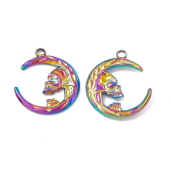 Ion Plating(IP) 304 Stainless Steel Pendants, Moon with Skull Charm, Rainbow Color, 28x24.5x2.5mm, Hole: 3mm