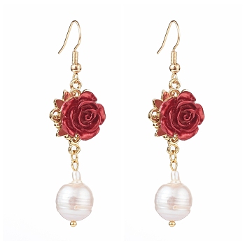 ABS Plastic Rose Dangle Earring, with Brass Earring Hooks and Natural Pearl Beads, Red, Real 18K Gold Plated, 60mm, Pin: 0.7mm