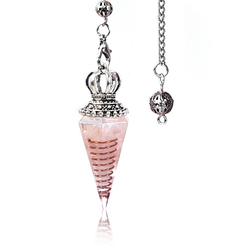 Natural Rose Quartz Chip & Resin Dowsing Pendulum Big Pendants, with Platinum Plated Metal Crown, Cone Charm, 300mm