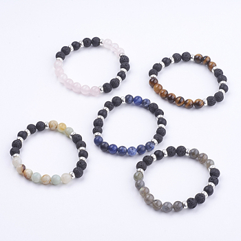 Natural Lava Rock and Gemstone Stretch Bracelets, with Alloy Beads, Burlap Bags, Round, 2 inch(52mm)