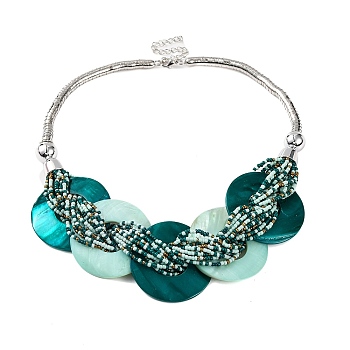 Spray Painted Disc Freshwater Shell & Acrylic Beaed Bib Necklaces, Teal, 19.29 inch(49~50cm), 49.5mm