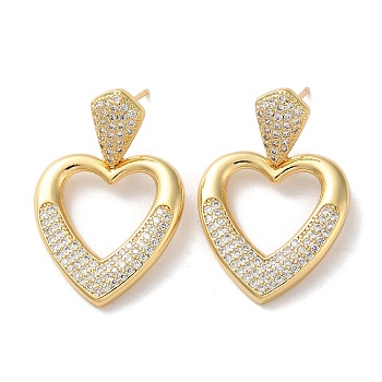 Brass Pave Cubic Zirconia Stud Earrings, Heart with Hollow Heart, Real 16K Gold Plated, 30.5x20mm