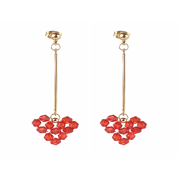 Brass Dangle Stud Earrings, with Transparent Acrylic Beads, Heart, Red, 59mm, Pin: 0.8mm