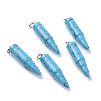 Synthetic Turquoise Pointed Pendants, with 201 Stainless Steel Split Rings, Bullet, Stainless Steel Color, 42~46x10mm, Hole: 5mm