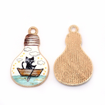 Japanese Style Print Alloy Enamel Pendants, Bulb with Cat, Cadmium Free & Lead Free, Golden, White, 28x16.5x2mm, Hole: 2mm