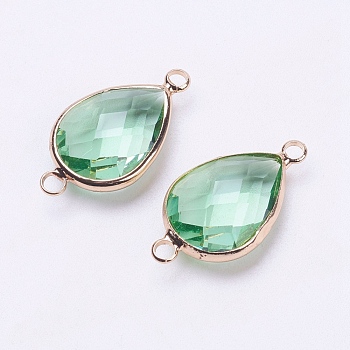 Glass Links connectors, with Brass Findings, Faceted, teardrop, Light Gold, Medium Sea Green, 25.5x14x6mm, Hole: 2.5mm