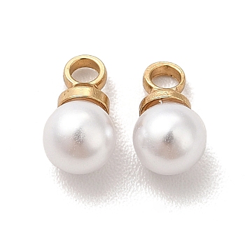 Plastic Imitation Pearl Charms, with Brass Finding, Cadmium Free & Lead Free, Round Charm, Real 24K Gold Plated, 8x4mm, Hole: 1.5mm
