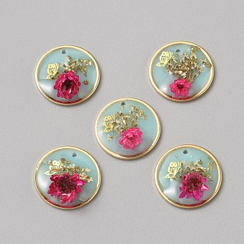 Resin Pendants, Inner Flower Charms, with Light Gold Tone Brass Findings, Flat Round, 20x6~9.5mm, Hole: 1.5mm