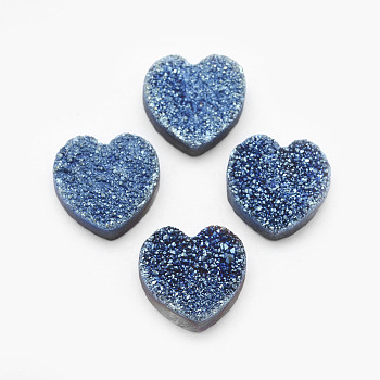 Natural Druzy Quartz Crystal Cabochons, Dyed, Heart, Cornflower Blue, 14x14x5~7mm