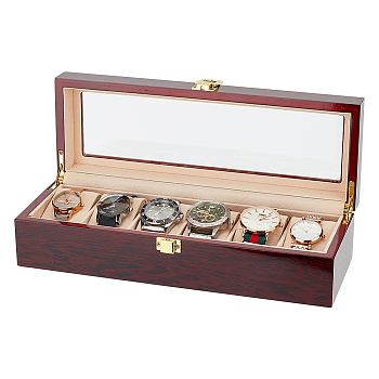 6-Slot Wooden Watch Display Case, Glass Visible Window Watch Organizer Display, Rectangle, BurlyWood, 31.5x11.5x8.1cm