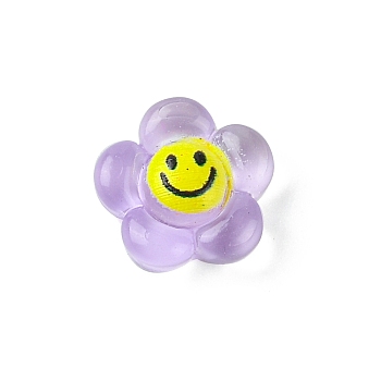 Translucent Resin Cabochons, Flower with Smiling Face, Lilac, 9x9x3.3mm