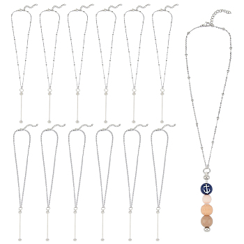 12Pcs 2 Styles Brass Cable Chains Necklaces Making, with Iron Bar Beadable Pendants, Non-Tarnish, Stainless Steel Color, 18.50 inch(47cm), 6pcs/style