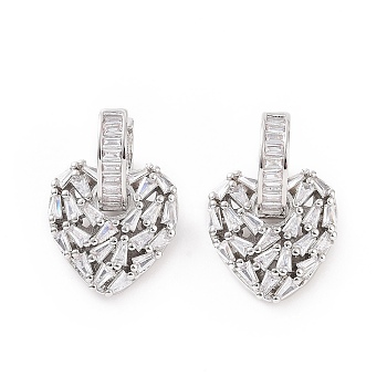 Clear Cubic Zirconia Heart Dangle Hoop Earrings, Brass Jewelry for Women, Platinum, 27.5mm, Pin: 1mm
