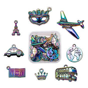 16Pcs 8 Style Alloy Pendants, Cadmium Free & Nickel Free & Lead Free, Bus & Plane & Flat Round & Iron Tower & Crown & Paper Currency & Masquerade Mask & Car, Rainbow Color, 13~27x8.5~24.5x1~5mm, Hole: 1.5~2mm, 2pcs/style