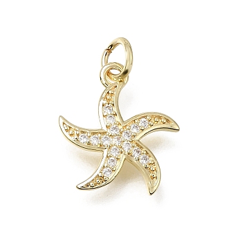 Brass Micro Pave Clear Cubic Zirconia Charms, with Jump Ring, Starfish Charms, Rack Plating, Long-Lasting Plated, Cadmium Free & Lead Free, Real 18K Gold Plated, 15x13.5x2mm, Hole: 3mm