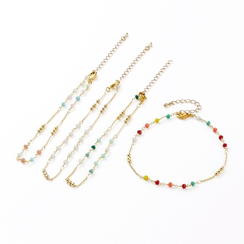 Faceted Glass Beaded Anklets, with Brass Beads and Lobster Claw Clasps, Round, Real 18K Gold Plated, Mixed Color, 9-7/8 inch(25.1cm)