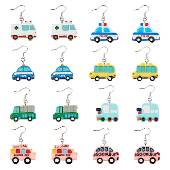 8 Pair 8 Style Resin Car Dangle Earrings with Iron Pins, Mixed Color, 43~46mm, 1 Pair/style