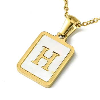 Ion Plating(IP) Rectangle with Initial Letter 304 Stainless Steel Pendant Necklace, white Shell, Real 18K Gold Plated, Letter H, 16.06 inch(40.8cm)