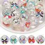30Pcs 5 Colors UV Plating Iridescent Transparent Acrylic Beads, with Printed, Round & Bowknot, Mixed Color, 16mm, 6pcs/color(OACR-SZ0001-89)