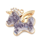 Brass Micro Pave Clear Cubic Zirconia Pendants, with Resin, Unicorn Charms, Golden, Medium Purple, 18x18.5x5~5.5mm, Hole: 1.3mm(KK-G556-05G-01)