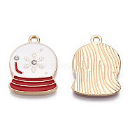 Christmas Theme, Alloy Enamel Pendants, with Rhinestones, Light Gold, Crystal Ball, White, 22.5x16.5x2mm, Hole: 1.8~2mm(FIND-N048-029A)