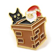 Christmas Santa Claus & Chimney & Cat Enamel Pins for Women, Alloy Brooch for Backpack Clothes, Golden, 32x25x1.5mm(JEWB-D017-03A-G)