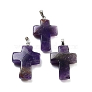 Natural Amethyst Pendants, Religion Cross Charms with Rack Plating Platinum Tone Brass Snap on Bails, 35x23x9mm, Hole: 7x4mm(G-A231-02A)