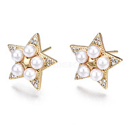 Brass Micro Pave Cubic Zirconia Stud Earrings, with
ABS Plastic Imitation Pearl, Nickel Free, Star, Creamy White, Real 16K Gold Plated, 15x15.5mm, Pin: 0.8mm(EJEW-T014-57G-NF)