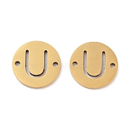 Vacuum Plating 201 Stainless Steel Hollow Flat Round Links, Letter Connector Charms, Real 18K Gold Plated, Letter U, 12x1mm, Hole: 1.2mm(FIND-R149-03U-G)