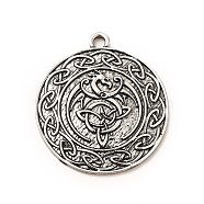 Tibetan Style Alloy Pendants, Flat Round with Dragon & Knot Charm, Antique Silver, 38x34x2.5mm, Hole: 2.6mm(X-PALLOY-B008-02AS)