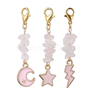 3Pcs 3 Styles Alloy Enamel Pendants Decoraiton, Natural Rose Quartz Chip Beads and Alloy Lobster Claw Clasps Charm, Moon & Star & Lightning, Pink, 49~55mm, 1pc/style(HJEW-JM01655)