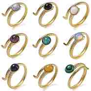 Natural & Synthetic Gemstone Finger Rings, Snake 304 Stainless Steel Open Cuff Rings, Real 18K Gold Plated, Inner Diameter: 17mm(RJEW-U027-04G)