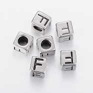304 Stainless Steel Large Hole Letter European Beads, Cube with Letter.F, Antique Silver, 8x8x8mm, Hole: 5mm(STAS-H428-01AS-F)