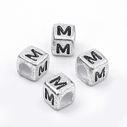 Plated Acrylic Beads, Horizontal Hole, Cube with Letter, Antique Silver, Letter.M, 6mm, Hole: 3mm(X1-PB43C9308-M)