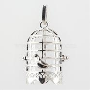 Rack Plating Brass Cage Pendants, For Chime Ball Pendant Necklaces Making, Birdcage, Silver Color Plated, 38x26x22mm, Hole: 4x8mm, inner measure: 18x23mm(KK-Q402-14S)