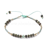 Adjustable Nylon Thread Braided Bead Bracelets, with Natural African Turquoise(Jasper) & Green Aventurine Beads, Brass Round Beads and Glass Seed Beads, 2-3/8~3-1/2 inch(5.9~8.8cm)(BJEW-JB05504-01)