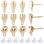 24Pcs 3 Style Teardrop & Shell & Heart Alloy Stud Earrings Findings, with Horizontal Loops & 30Pcs Eco-Friendly Plastic Ear Nuts, Real 14K Gold Plated, 7.5~10x5~5.5mm, Hole: 1mm, Pin: 0.7~0.8mm, 8Pcs/style(FIND-BBC0002-76)