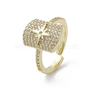 Rack Plating Brass Micro Pave Cubic Zirconia Open Cuff Rings, Rectangle with Star, Real 18K Gold Plated, US Size 6 3/4(17.1mm)(RJEW-K257-38G)