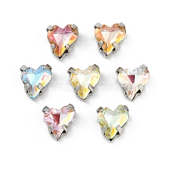 Brass Glass Rhinestone Sew on Rhinestones, Heart, Faceted, Mixed Color, Platinum, 9x8x5mm, Hole: 0.8mm(RGLA-U001-05P-01)