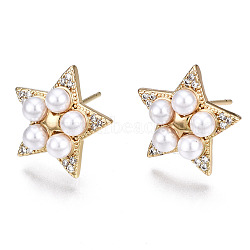 Brass Micro Pave Cubic Zirconia Stud Earrings, with
ABS Plastic Imitation Pearl, Nickel Free, Star, Creamy White, Real 16K Gold Plated, 15x15.5mm, Pin: 0.8mm(EJEW-T014-57G-NF)